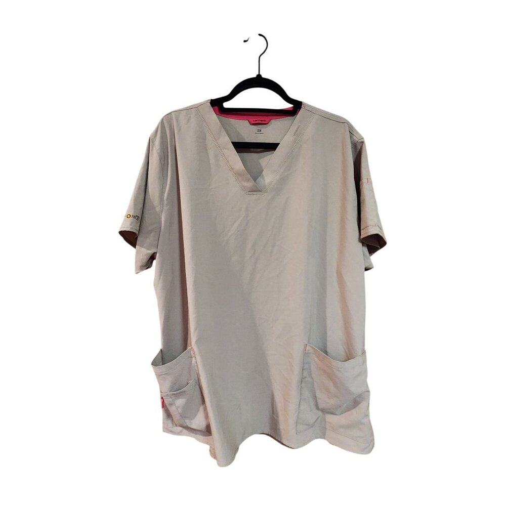 Carhartt Force Womens V-Neck Scrub Top 2X Beige Short Sleeve With Pockets